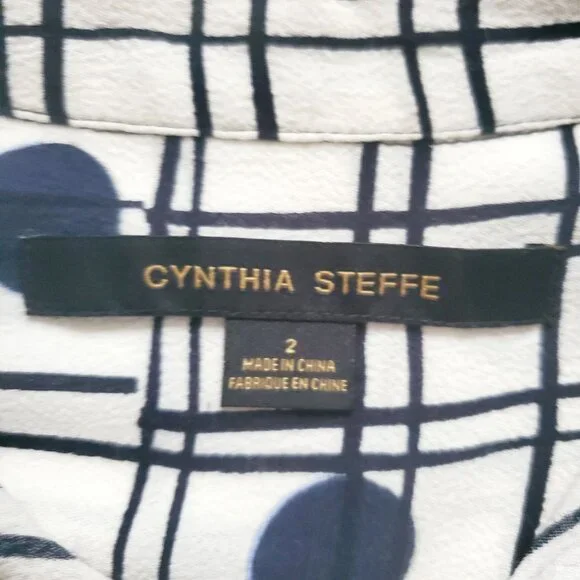 Cynthia Steffe Women's Navy Blue Polka Dot Plaid White Shirt Shift Dress Size 2 - Picture 9 of 14